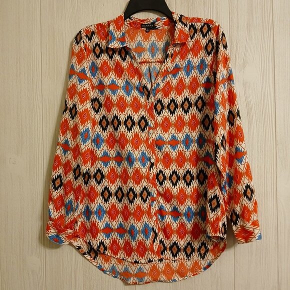 Hannah Women's Size S Red Colorful Button-Up Collared Blouse Roll Tab Sleeve - Picture 1 of 11